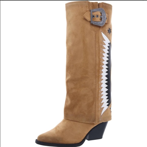 NWT Zodiac Tan Knee-High Western Boots with Zigzag Detail size 7 - Picture 1 of 3